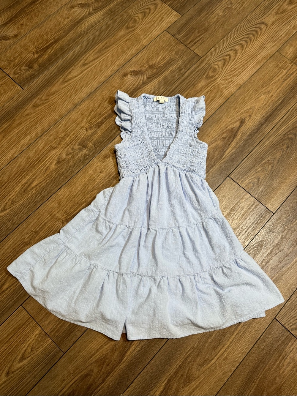 Light Blue Smocked V-Neck Ruffle Sleeve Dress